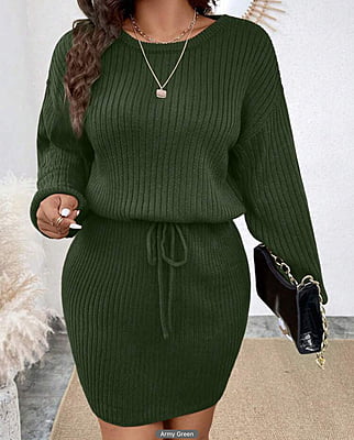 Army Green Drop Shoulder Sweater Dress - 0XL